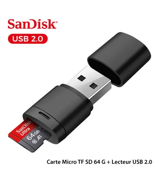 Carte Micro TF SD classe 10 SanDisk 64 G + Lecteur USB 2.0