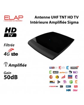 Antenne UHF TNT HD TV Intérieure Amplifiée Elap Sigma 50 dB