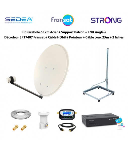 Kit Parabole 65cm + Support Balcon + LNB Single + Décodeur SRT7407 Fransat + Câble HDMI + Pointeur + Câble 25m + 2 fiches