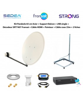 Kit Parabole 65cm + Support Balcon + LNB Single + Décodeur SRT7407 Fransat + Câble HDMI + Pointeur + Câble 25m + 2 fiches