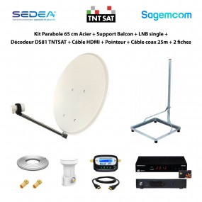 Kit Parabole 65 cm Acier + Support + LNB single + Décodeur DS81 TNTSAT + Câble HDMI + Pointeur + Câble 25m + 2 fiches