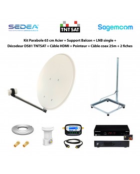 Kit Parabole 65 cm Acier + Support + LNB single + Décodeur DS81 TNTSAT + Câble HDMI + Pointeur + Câble 25m + 2 fiches
