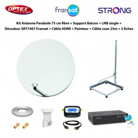 Kit Parabole 75cm fibre + Support Balcon + LNB Single + Décodeur SRT7407 Fransat + Câble HDMI + Pointeur + Câble 25m + 2 fiches