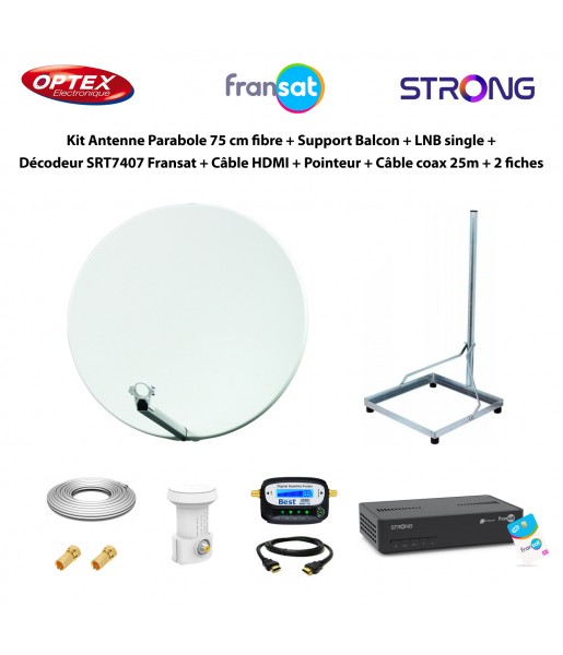 Kit Parabole 75cm fibre + Support Balcon + LNB Single + Décodeur SRT7407 Fransat + Câble HDMI + Pointeur + Câble 25m + 2 fiches