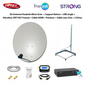Kit Parabole 80cm Acier + Support Balcon + LNB Single + Décodeur SRT7407 Fransat + Câble HDMI + Pointeur + Câble 25m + 2 fiches