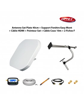 Antenne Sat Plate 40cm + Support Fenêtre + Passe Fenêtre + Câble HDMI + Pointeur Sat + Câble Coax 10m + 2 Fiches F