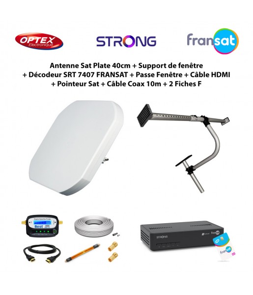 Antenne Sat Plate 40cm + Support de fenêtre + Décodeur SRT 7407 FRANSAT + Passe Fenêtre + Câble HDMI + Pointeur Sat