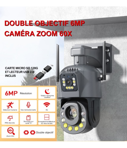 Caméra de Surveillance Sécurité Extérieure PTZ Double Objectif IP HD 6MP 4G Sans Fil