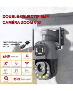 Caméra de Surveillance Sécurité Extérieure PTZ Double Objectif IP HD 6MP 4G + Carte Micro SD 128G + Lecteur
