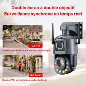 Caméra de Surveillance Sécurité Extérieure PTZ Double Objectif IP HD 6MP 4G Sans Fil Zoom 60X App