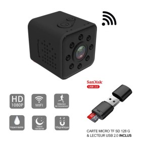 Mini caméra SQ23 HD WiFi Petite Grand Angle 1080P Etanche Caméscope + Carte Micro TF SD 128Go + Lecteur USB 2.0