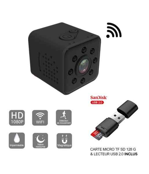 Mini caméra HD WiFi Grand Angle 1080P + Carte 128G + Lecteur USB 2.0