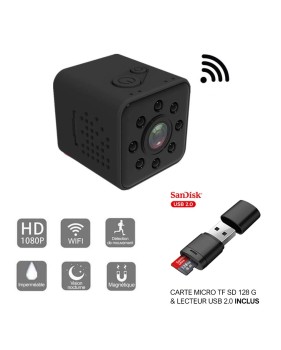 Mini caméra SQ23 HD WiFi Petite Grand Angle 1080P Etanche Caméscope + Carte Micro TF SD 128Go + Lecteur USB 2.0