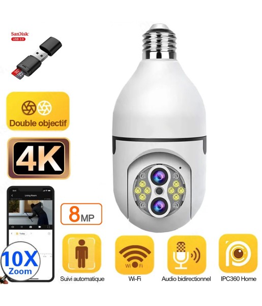 Caméra de Surveillance Intérieure Ampoule 4K 8MP Zoom 10X WiFi + Lecteur + Carte Micro SD 128G
