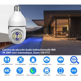 Caméra de Surveillance Ampoule 4K 8MP Zoom 10X WiFi