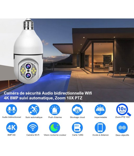 Caméra de Surveillance Intérieure Ampoule 4K 8MP Zoom 10X WiFi