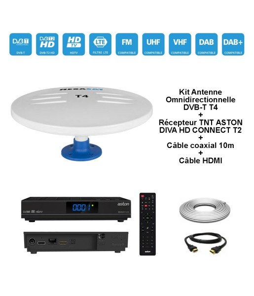 Kit Antenne Omnidirectionnelle DVB-T T4 + Récepteur TNT ASTON DIVA HD CONNECT T2 + Câble coaxial 10m + Câble HDMI